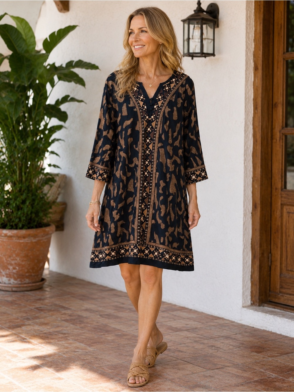 Soft Surroundings Black Dress with Tan Embroidered Accents Size 2X